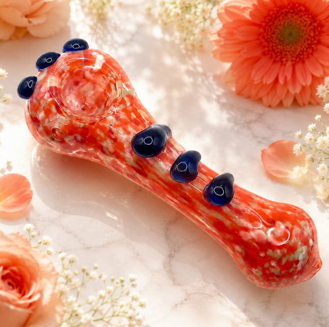 Orange Red Frit Handcraft Glass Spoon Pipe Blue Marble Accents 4.5 inch