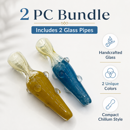[2PC Bundle] Golden Sapphire Handcraft Glass Chillum Pipes Yellow Blue 3~3.5 inc