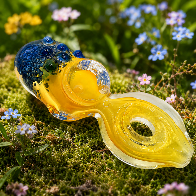 Golden Orb Glass Hand Pipe with Blue Pebble Crown – 4 Inch