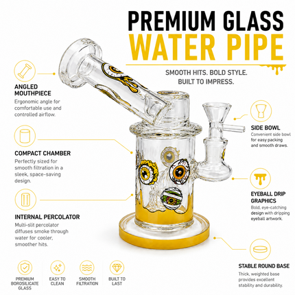 Yellow Microscope Eyeball Glass Water Pipe 14mm Bowl 6.5 inch
