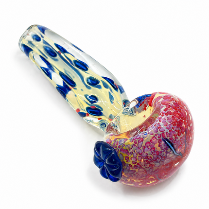 Red Crackle Blue Spotted Clear Glass Spoon Pipe with Flower Accent - 4.5 Inch