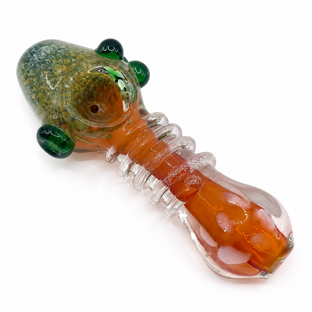 Clear Fumed Orange Glass Spoon Pipe with Green Marbles and Ribbed Grip - 5 Inch