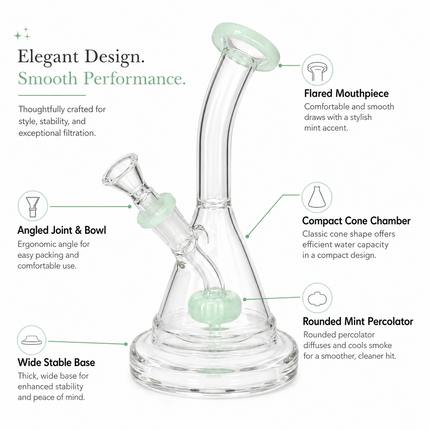 Mint Green Glass Water Pipe Clear Disc Percolator Bent Neck 7 inch