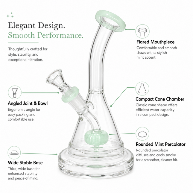 Mint Green Glass Water Pipe Clear Disc Percolator Bent Neck 7 inch