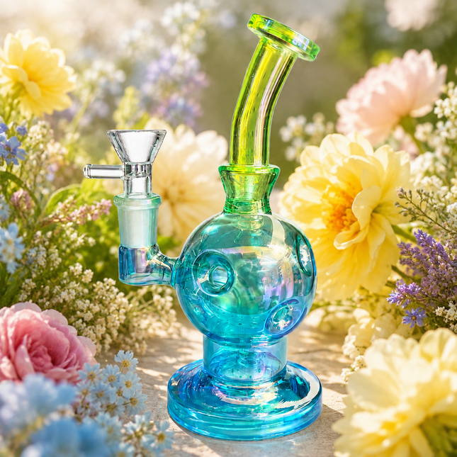 Blue Green Iridescent Orb Glass Water Pipe 14mm Bowl Curved Neck 7.5 inch