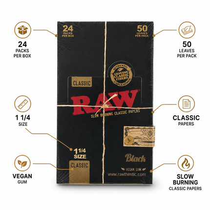 RAW Black 1 1/4 Rolling Papers Box - 24 Packs, 50 Leaves Per Pack