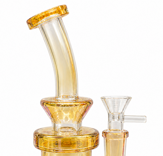 Abundance Diamond Golden Amber Mirror Chrome Glass Water Pipe 14mm Bowl 7.5 inch
