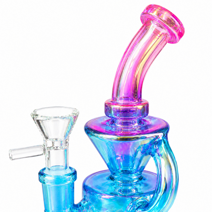Mini Blue Pink Chrome Recycler Glass Bong with Bowl & Loop Handle - 6 inch