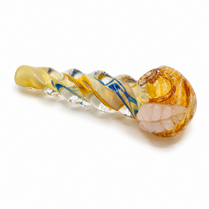 Topaz Blue Conch Twist Glass Spoon Pipe with White Marble Accents - 4 inch