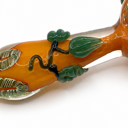 Amber Glass Spoon Pipe with Green Leaf Grips – 5 Inch Hand Pipe