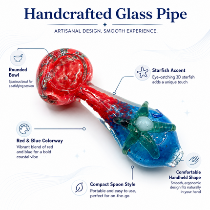 Red Blue Glass Spoon Pipe with Green Starfish Accent - 4 inch