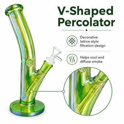 Green Mirror Chrome Bent Neck Glass Water Pipe Removable Bowl 10 inch