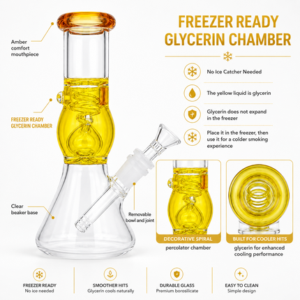 Golden Freeze Freezer Ready Glycerin Beaker Glass Bong 14mm Bowl 8.5 inch