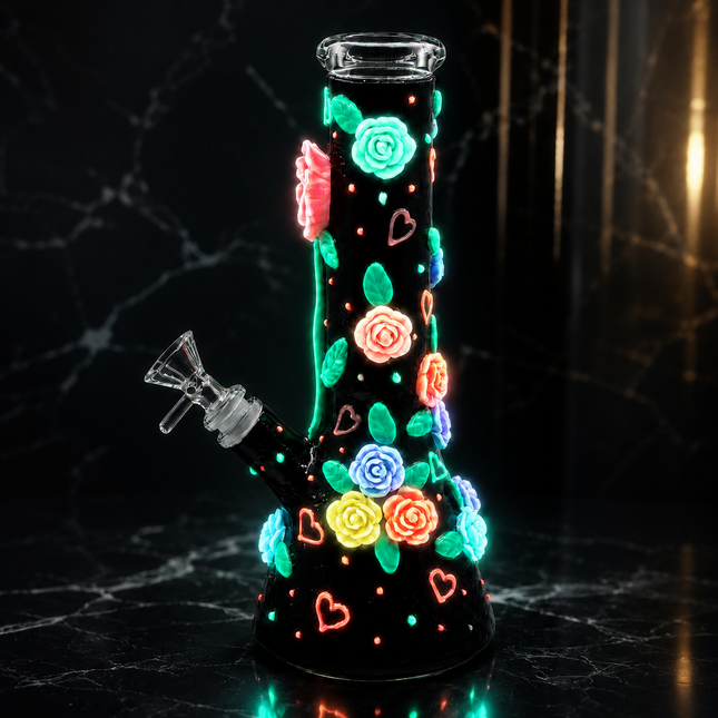 [Glow in the Dark] Midnight Bloom Rose Black Beaker Hookah - 10 Inch