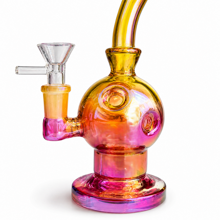 Gold Pink Iridescent Orb Glass Water Pipe 14mm Bowl Curved Neck 14mm 7.5 inch