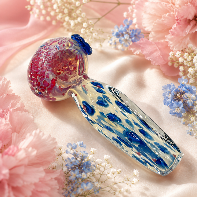 Red Crackle Blue Spotted Clear Glass Spoon Pipe with Flower Accent - 4.5 Inch