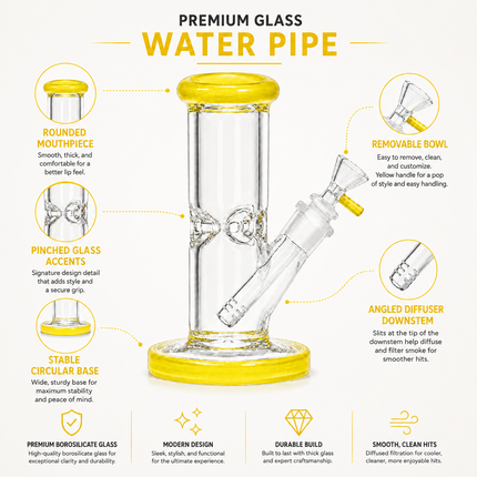 Yellow Accent Straight Tube Glass Water Pipe Ice Catcher Downstem 10 inch