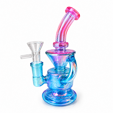 Mini Blue Pink Chrome Recycler Glass Bong with Bowl & Loop Handle - 6 inch