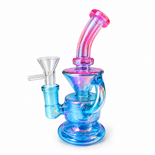 Mini Blue Pink Chrome Recycler Glass Bong with Bowl & Loop Handle - 6 inch