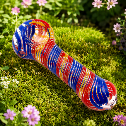 Carnival Stripe Glass Spoon Pipe – 4.5 Inch Red Blue Yellow Hand Pipe