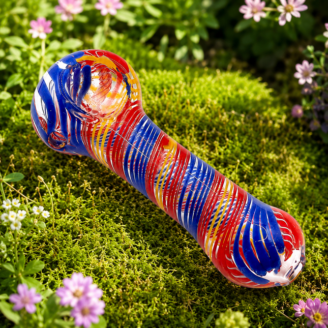 Carnival Stripe Glass Spoon Pipe – 4.5 Inch Red Blue Yellow Hand Pipe