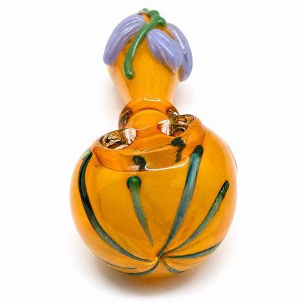 Amber Orange Pumpkin Glass Spoon Pipe with Lavender Leaf Accents - 4 inch