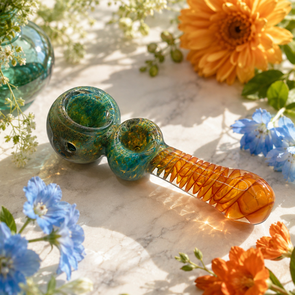 Kryptonite Amber Lagoon Double Bowl Handcraft Glass Pipe Teal Amber 4.5 inch