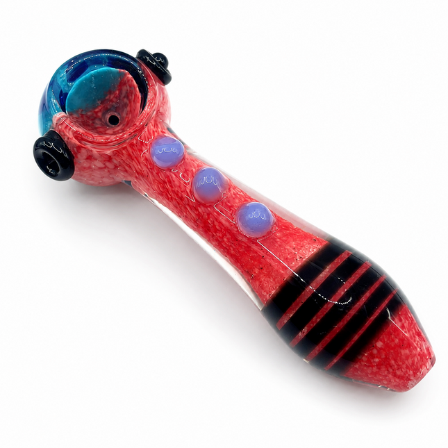 Red Frit Glass Spoon Pipe Blue Bowl Black Stripe 5 Inch Hand Pipe