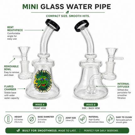 Black Accent Green Sun Face Bubbler Tri Beaker Glass Water Pipe 14mm - 6 inch