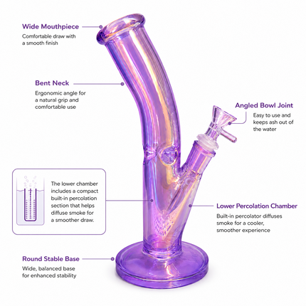 Purple Mirror Chrome Bent Neck Glass Water Pipe Removable Bowl 10 inch