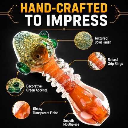 Clear Fumed Orange Glass Spoon Pipe with Green Marbles and Ribbed Grip - 5 Inch