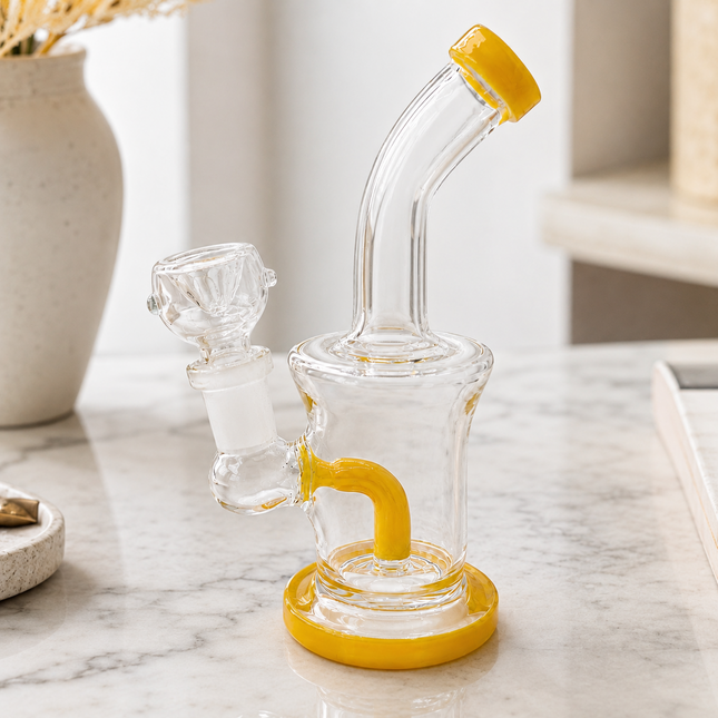 Yellow Accent Clear Mini Glass Water Pipe – 6–6.5 Inch Compact Bong with Bowl