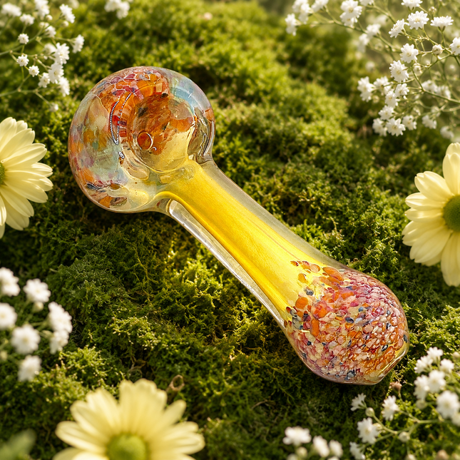 Pastel Confetti Bowl Glass Spoon Pipe with Yellow Handle – 4 Inch Hand Pipe