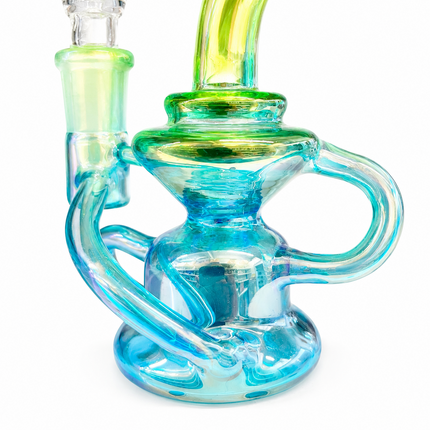 Mini Blue Green Chrome Recycler Glass Bong with Bowl & Loop Handle - 5 inch