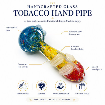 Sapphire Blue Yellow Red Confetti Glass Spoon Pipe with White Leaf - 4 inch