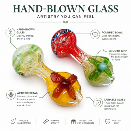 [2PC Bundle] Garden Bloom Flower Accent Glass Hand Pipes Assorted Colors 4 Inch