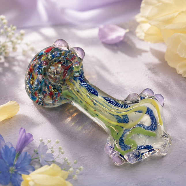 Blue Multicolor Conch Body Glass Spoon Pipe with Marble Accents - 4 inch