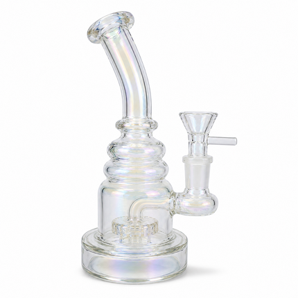 Rainbow Mirror Chrome Bent Neck Glass Water Pipe Disc Percolator 8 inch