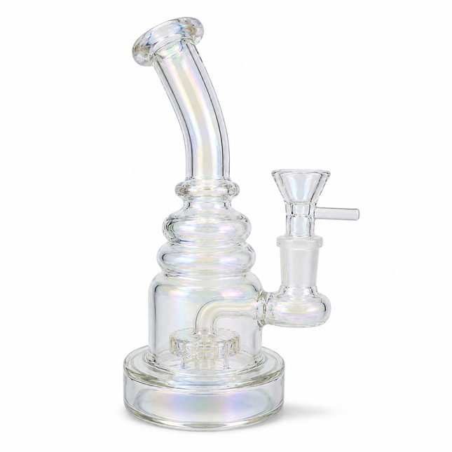 Rainbow Mirror Chrome Bent Neck Glass Water Pipe Disc Percolator 8 inch