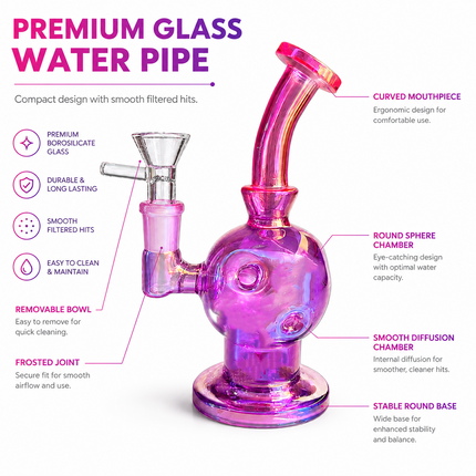 Pink Purple Iridescent Orb Glass Water Pipe 14mm Bowl Curved Neck 7.5 inch