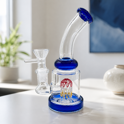 Cobalt Tricolor Perc Mini Glass Water Pipe – 6–6.5 Inch Clear Bong with Bowl