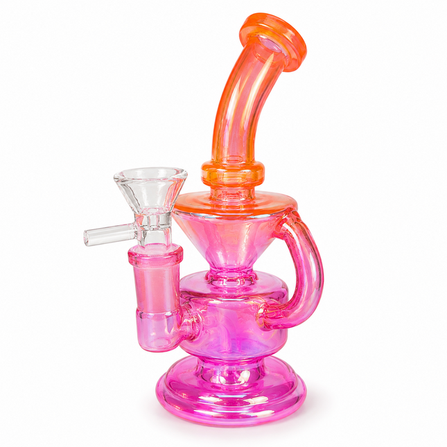 Mini Pink Orange Chrome Recycler Glass Bong with Bowl & Loop Handle - 6 inch