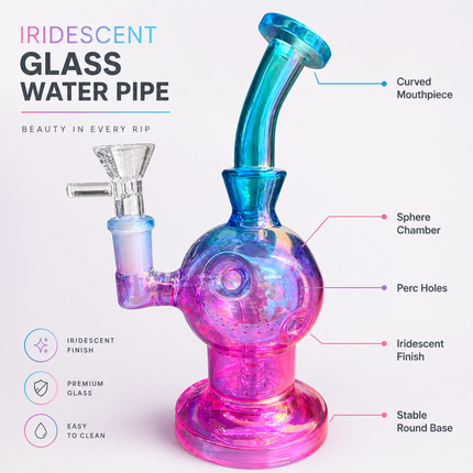 Aqua Pink Iridescent Orb Glass Water Pipe 14mm Bowl Disc Percolator 7.5 inch