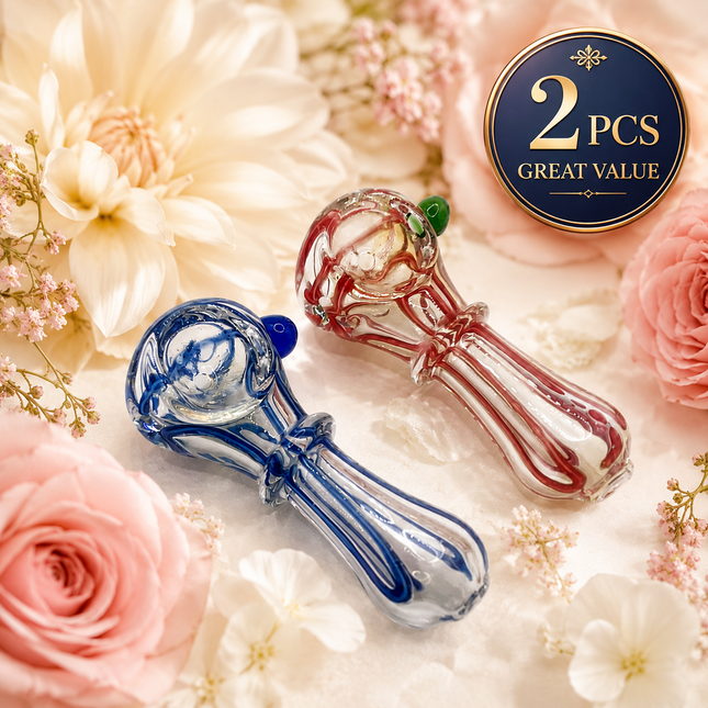 [2PC Bundle] Classic Ribbon Swirl Glass Hand Pipe Set 4 Inch Assorted Colors