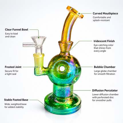 Green Gold Iridescent Orb Glass Water Pipe 14mm Bowl Curved Neck 7.5 inch