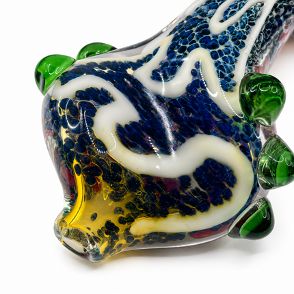 Blue Frit Twisted Body Glass Spoon Pipe with Green Raised Accents - 5 Inch