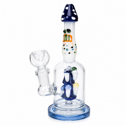 Navy Glass Bong with Whimsical Mushroom Percolator & Bowl - 7.5 inch