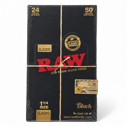 RAW Black 1 1/4 Rolling Papers Box - 24 Packs, 50 Leaves Per Pack