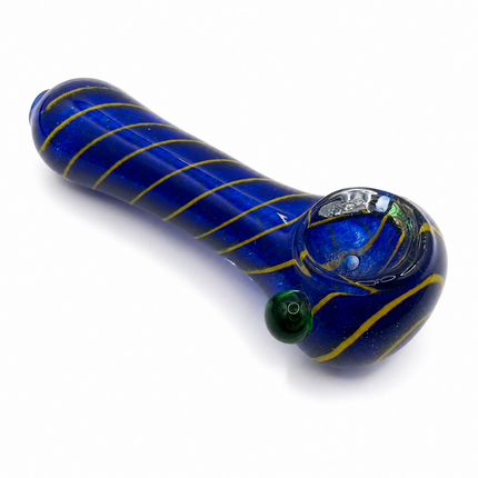 Midnight Blue Gold Spiral Glass Spoon Pipe with Green Marble – 4.5 Inch Pipes