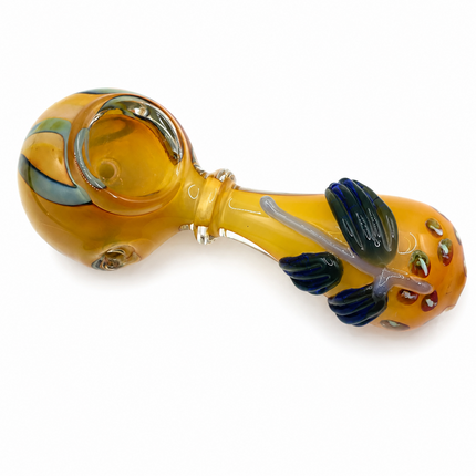 Amber Pumpkin Glass Spoon Pipe with Navy Leaf Accents - 4 inch